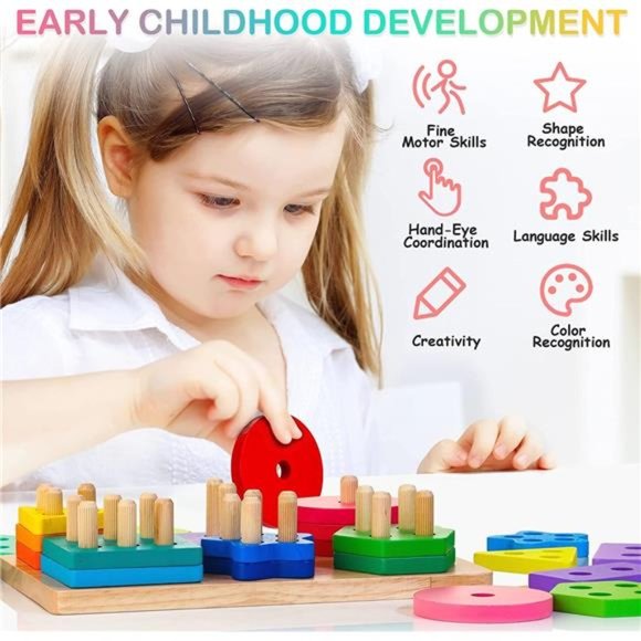 Wooden Sorting & Stacking Toys, Montessori Toys for 1 2 3 Years Old Toddlers - Picture 6 of 7